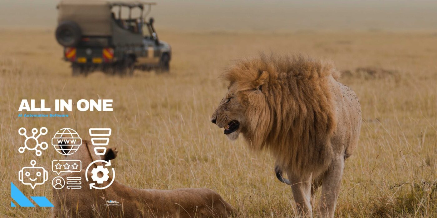Image of Lions in the African Plains with a safari vehicle in the background promoting - GlobalThinking App - AI Automation Software for Safari and Wildlife Operators