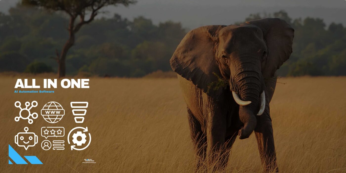 Elephant in the Wild African Bush - Banner promoting -GlobalThinking App - AI Automation Software for Safari and Wildlife Operators