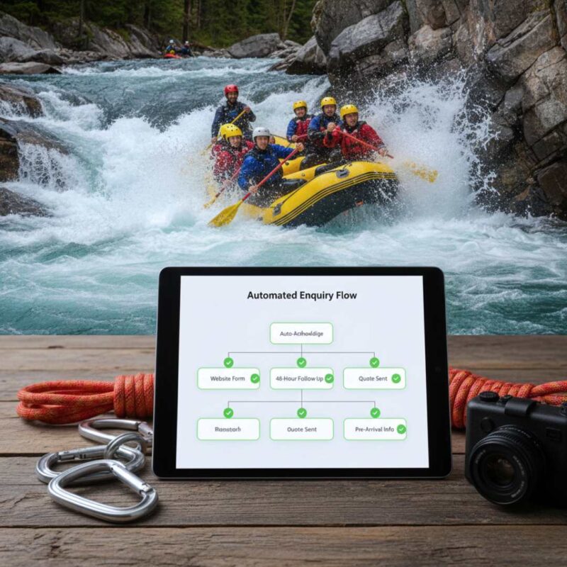 Image of adventure tourism rafting while AI takes care of enquiries with a tablet with a booking workflow for automated booking processes using the GlobalThinkingApp for Tourism