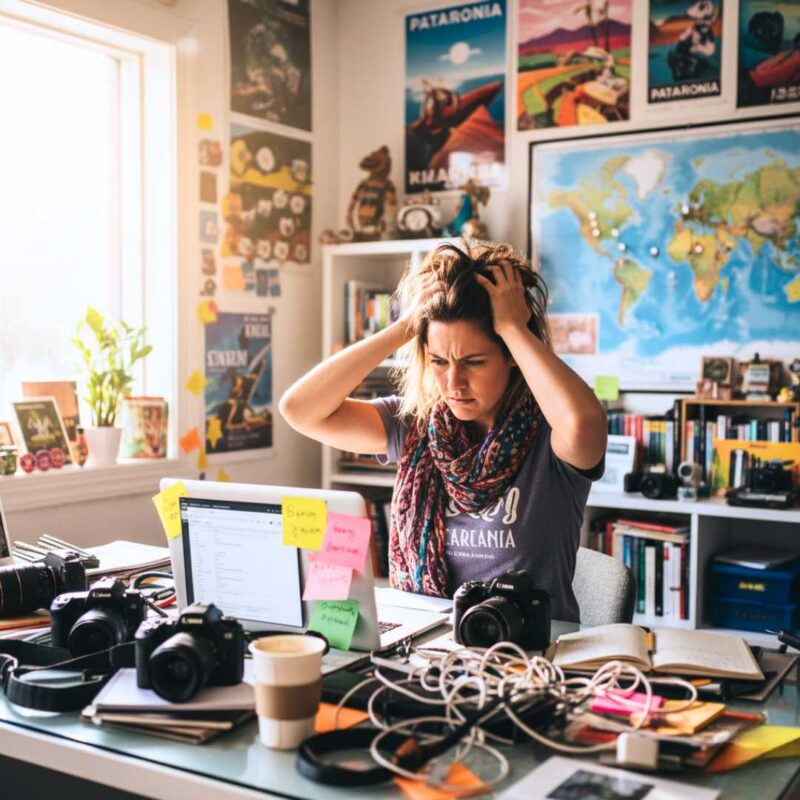 Image of a frustrated tour operator trying to create marketing content for their tourism business.