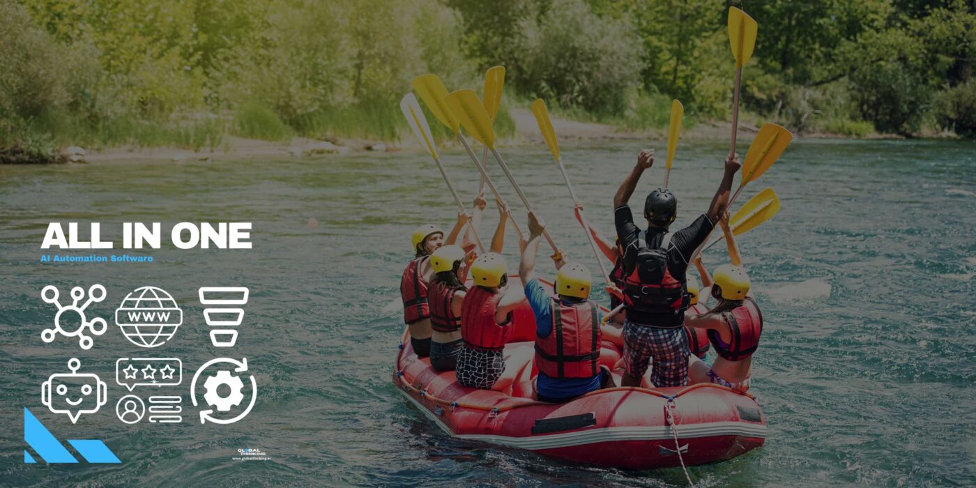 banner with people on an adventure rafting on a river promotingGlobalThinking App - AI Automation Software for Adventure Operators - 1