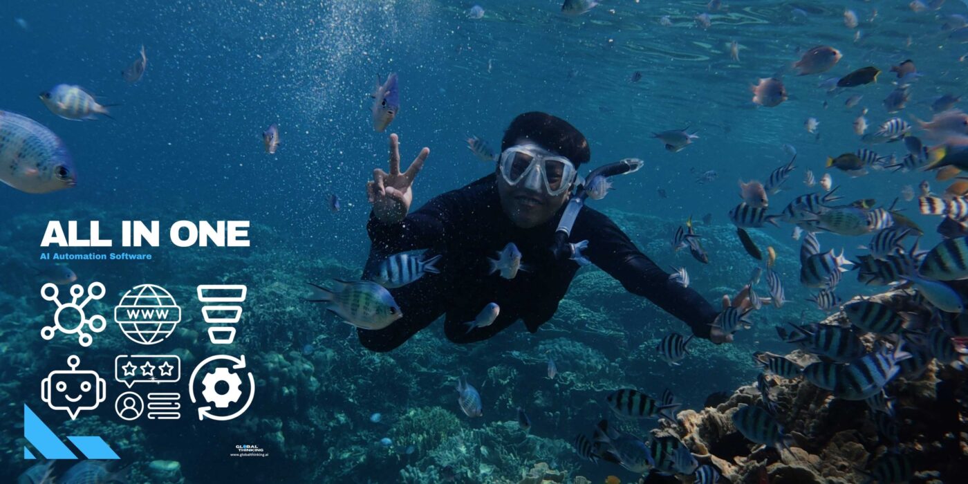 Image of Scuba Diver underwater promoting GlobalThinking App - AI Automation Software for Adventure Operators