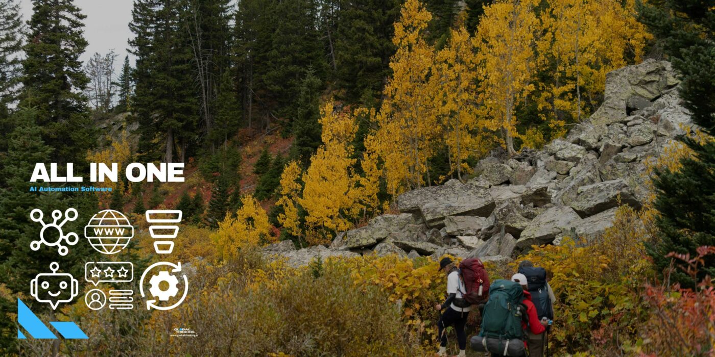 Image of hikers in an alpine setting promoting GlobalThinking App - AI Automation Software for Adventure Operators