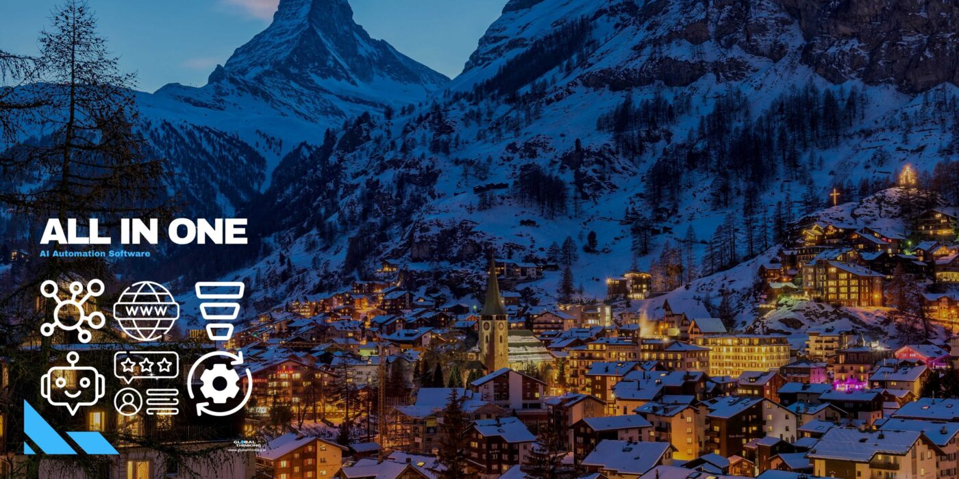 Image of a skiing village at night with the snowcapped Matterhorn in the  background, promoting GlobalThinking App - AI Automation Software for Snow and Skiing  Operators