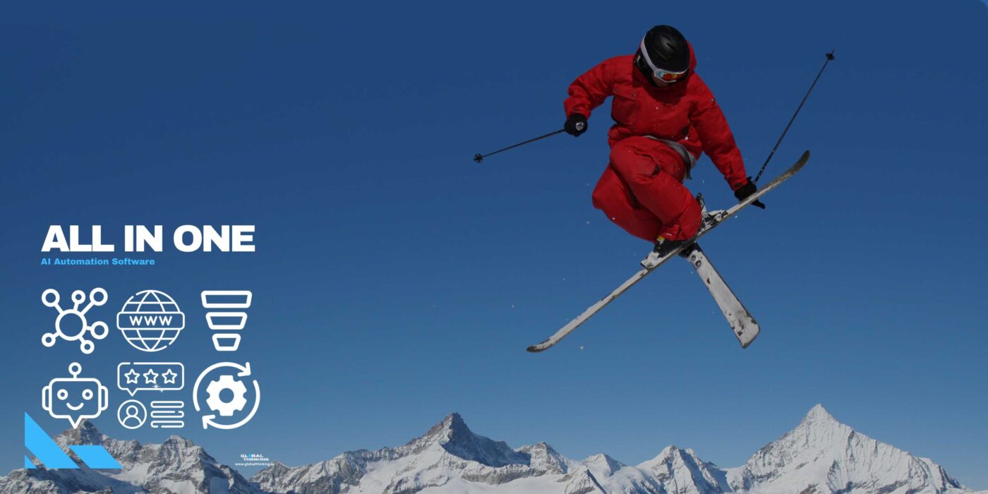 Skier jumping through the air in snow-capped mountains, promotingGlobalThinking App - AI Automation Software for Snow and Skiing  Operators