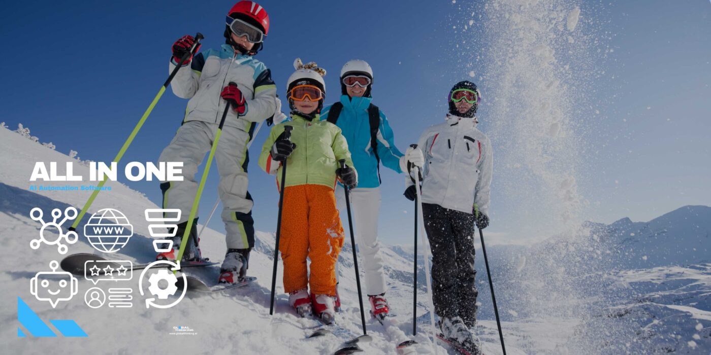 Family Skiing on snow-capped mountains promoting GlobalThinking App - AI Automation Software for Snow and Skiing  Operators