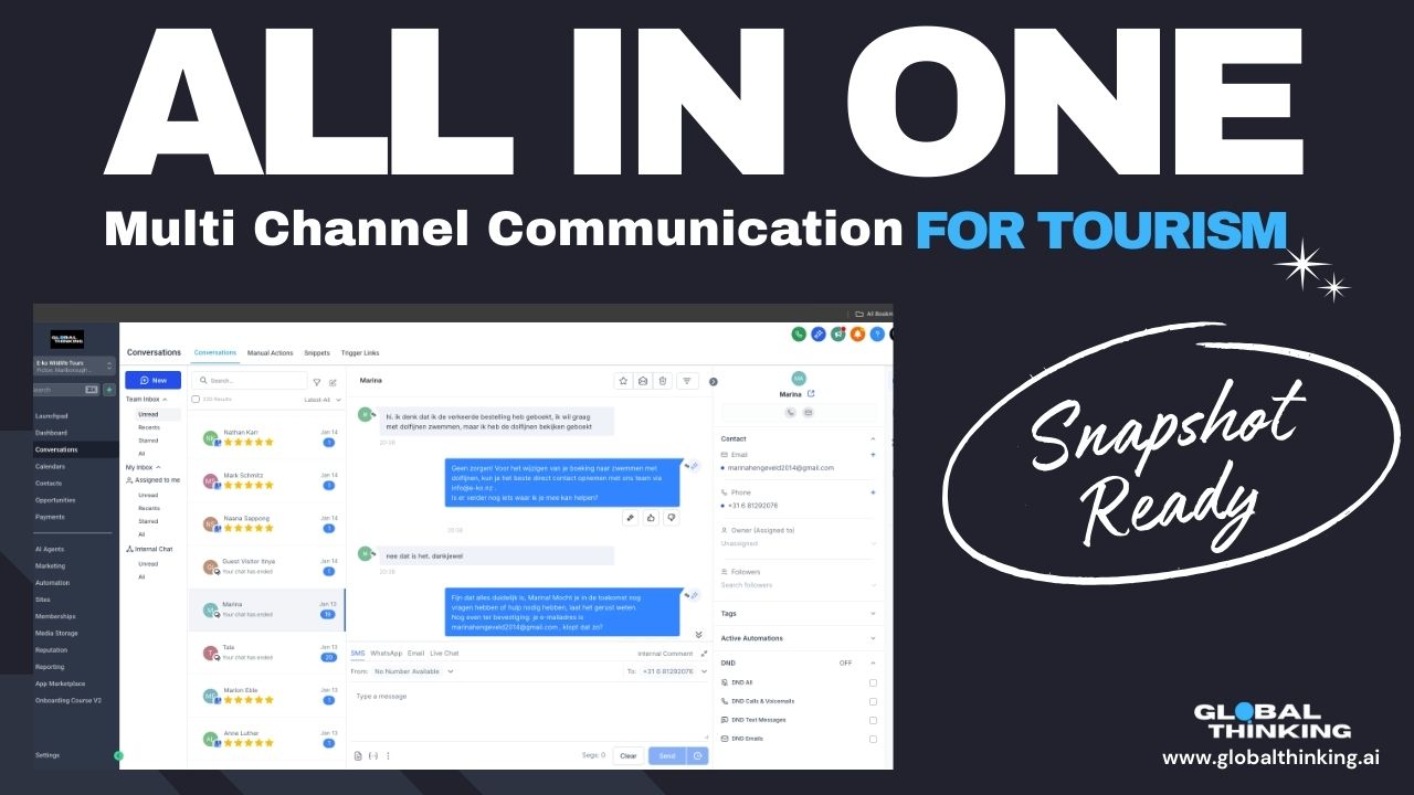 Workflows using Multi Channel Communication in the GlobalThinkingApp for tourism, powered by GoHighLevel
