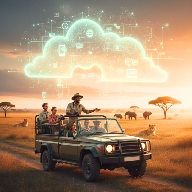 Image of Safari guide out giving a tour while the AI takes care of all the admin in teh background.
