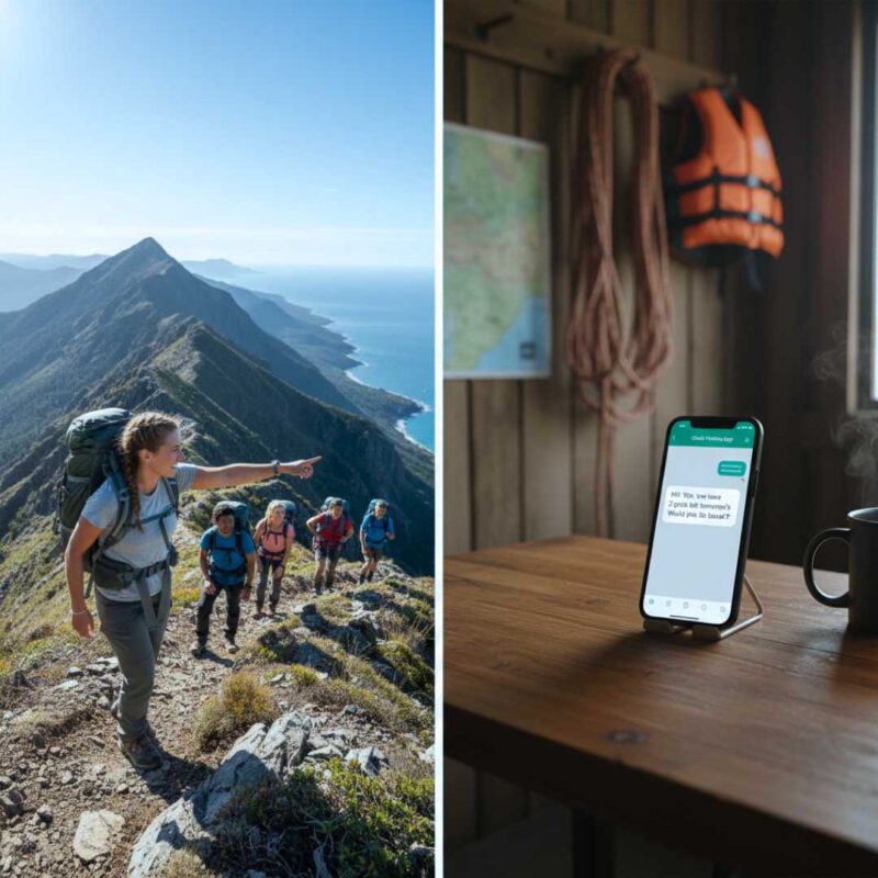 Image of tour guide hiking with guests while chatbot takes care of conversations on mobile phone and website.
