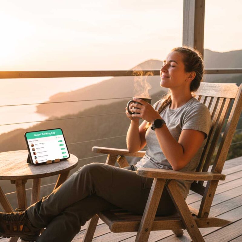 Image of a tour guide relaxing with a coffee as AI takes care of all the repetitive questions being asked on the website and social media.