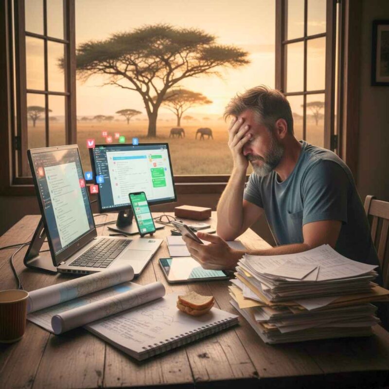 Tour Operator sitting at his desk battling to understand technology that can assist him in his business.