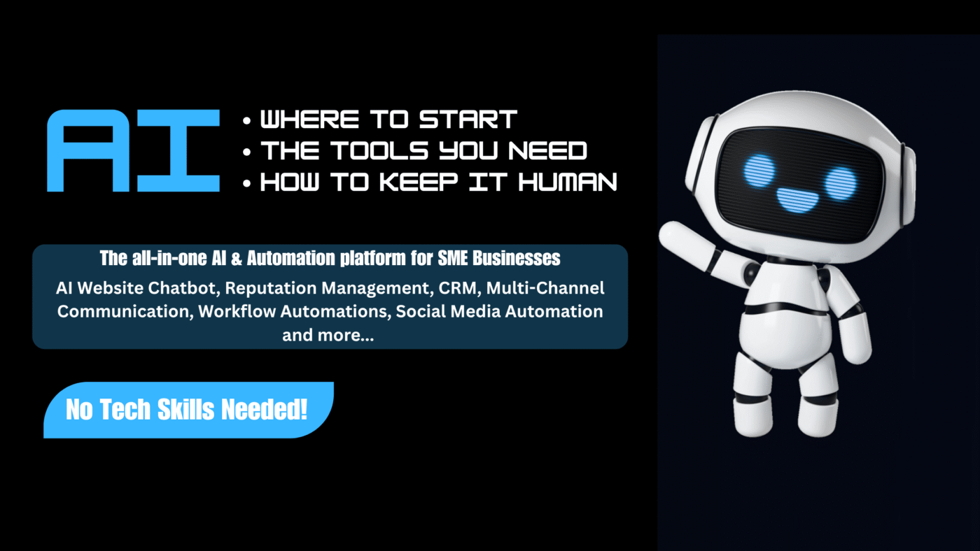 AI & Automation Platform for SME businesses. Chatbot pointing to AI & Automation services and features for Global Thinking AI