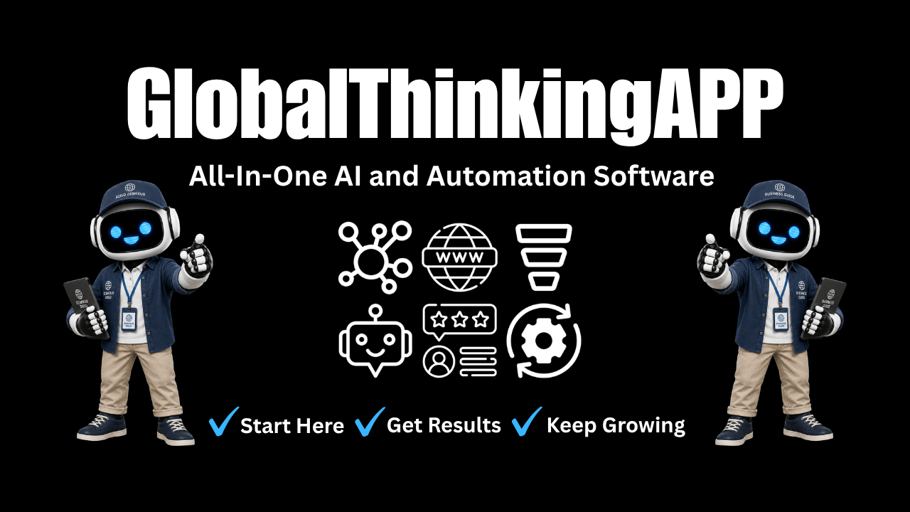 image of AI agents on black background promoting the GlobalThinkingApp all-in-one AI and Automation Software