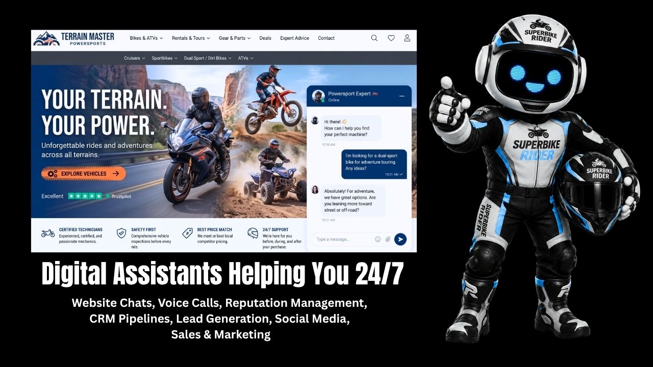 AI agent pointing at powersports websites promoting AI &Automation services for powersports businesses