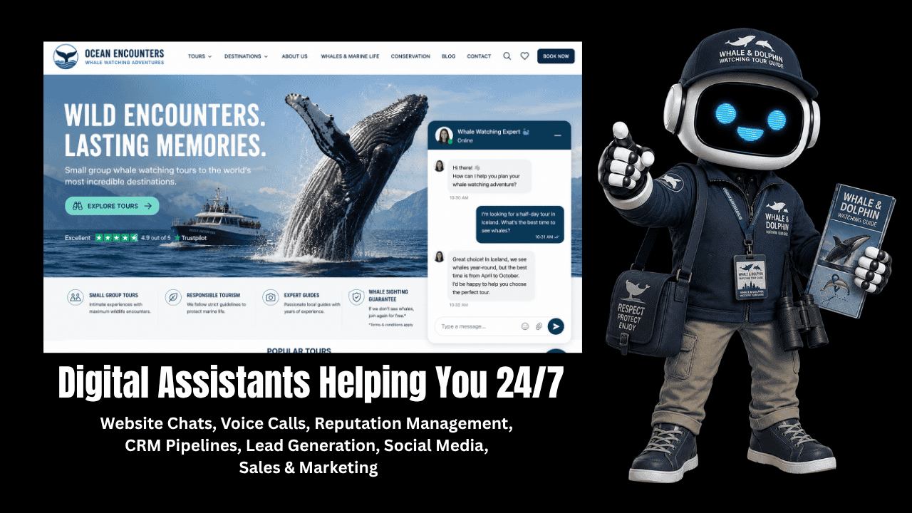 AI agent presenting AI automation services for Whale & Dolphin Watching businesses.