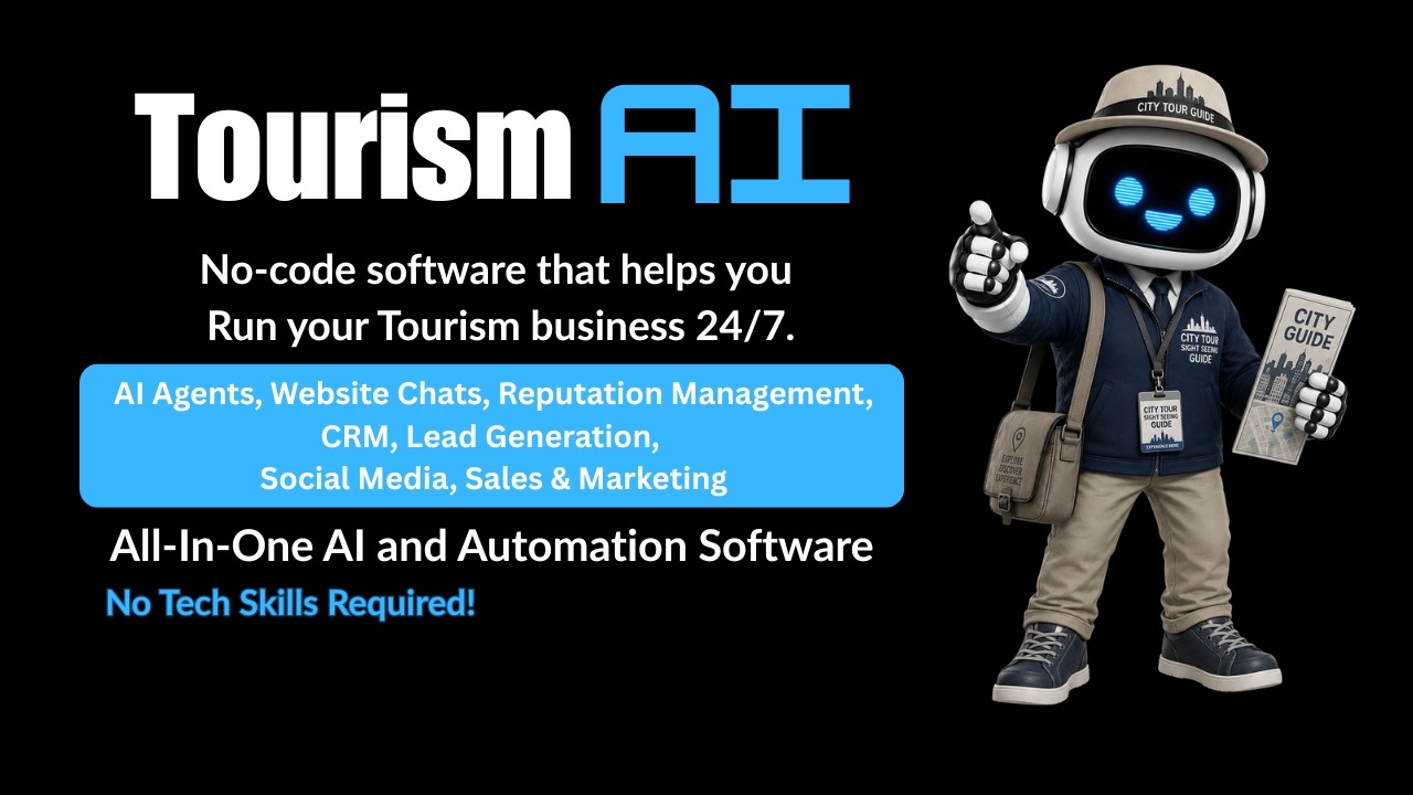 Chatbot dressed as Tour guide promoting AI and Automation services for tourism businesses