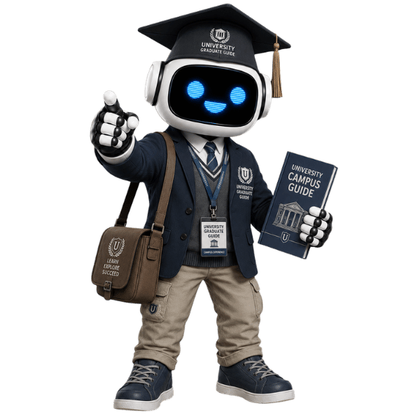 AI Agent dresses as university Student Ai and Automation Mastermind Classes to help people learn about AI