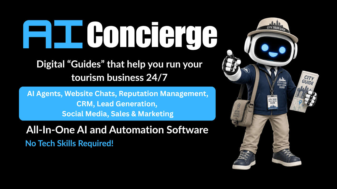 AI concierge dressed as city tour guide promoting digital tourism employees.