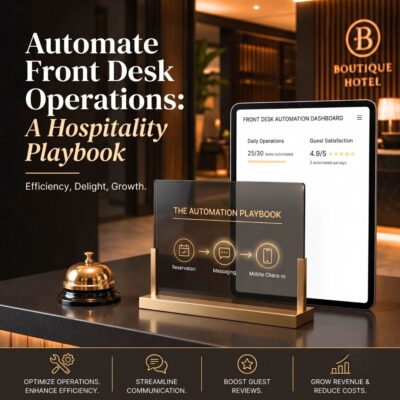 Image of hotel lobby with word saying Automate front desk operations a hospitality playbook