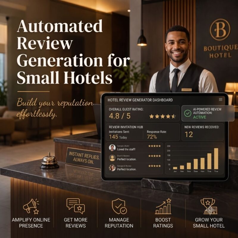 Hotel Concierge in lobby with words: Automated Review Generation for Small Hotels