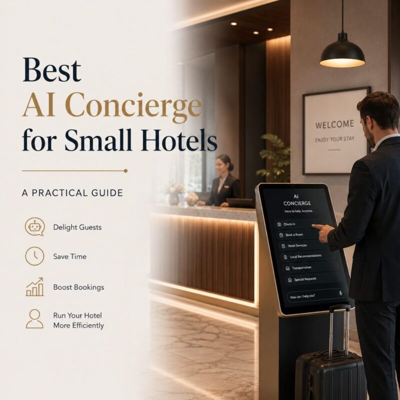 Banner for best ai concierge for small hotels. Man checking in at hotel with digital concierge
