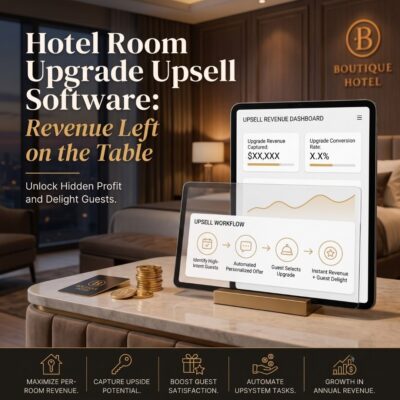 Image of tablet on a hotel lobby desk with the words Hotel Room Upgrade Upsell Software: Revenue Left on the Table
