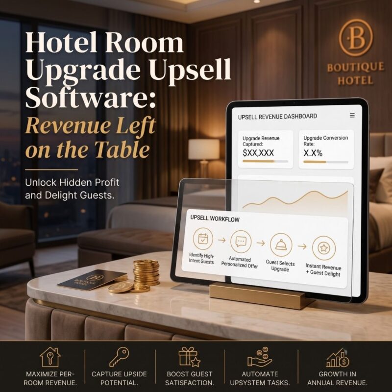 Image of tablet on a hotel lobby desk with the words Hotel Room Upgrade Upsell Software: Revenue Left on the Table