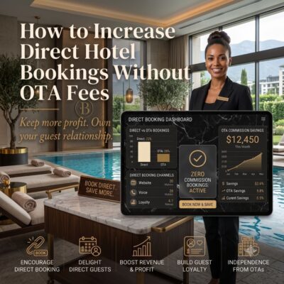 Woman at hotel swimming pool with words: How to Increase Direct Hotel Bookings Without OTA Fees