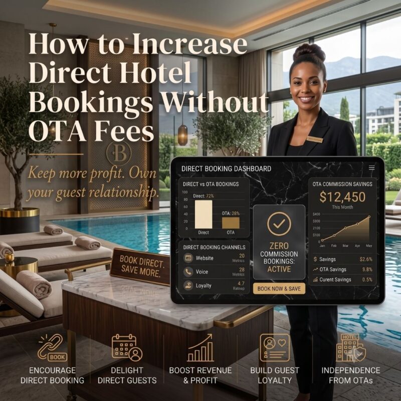 Woman at hotel swimming pool with words: How to Increase Direct Hotel Bookings Without OTA Fees