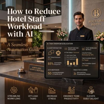 Man in hotel lobby with the words:How to Reduce Hotel Staff Workload with AI