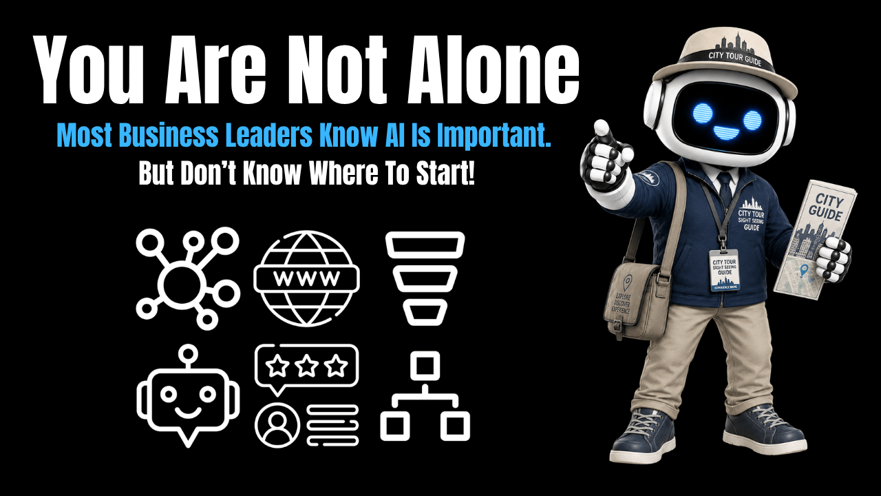Agent Dressed As Tour Guide on Black Background Pointing to AI Tools For Tourism
