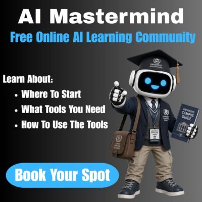 AI Agent pointo to words saying AI Mastermind - Free Online Learning