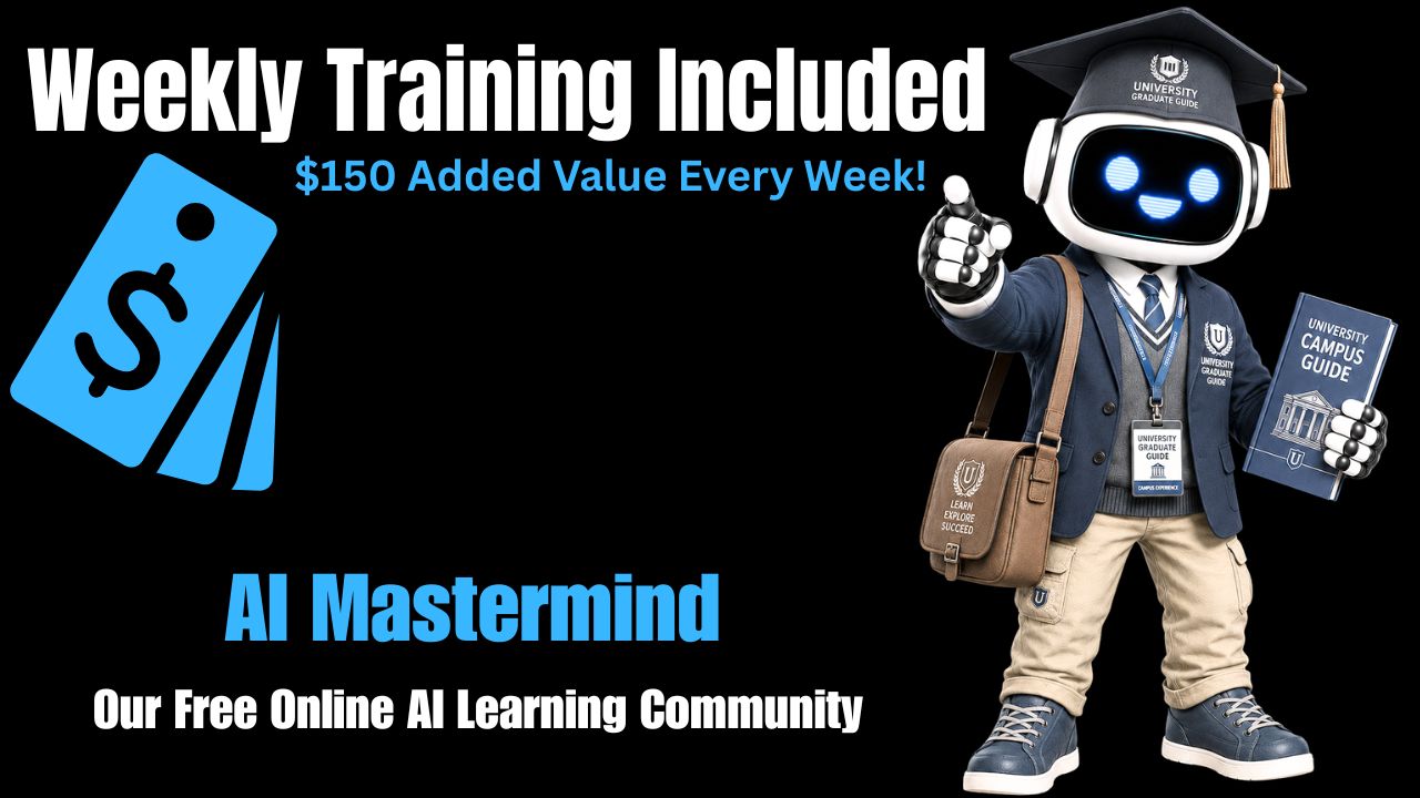 AI Mastermind Banner with chatbot dresses as university student advertising FREE AI learning
